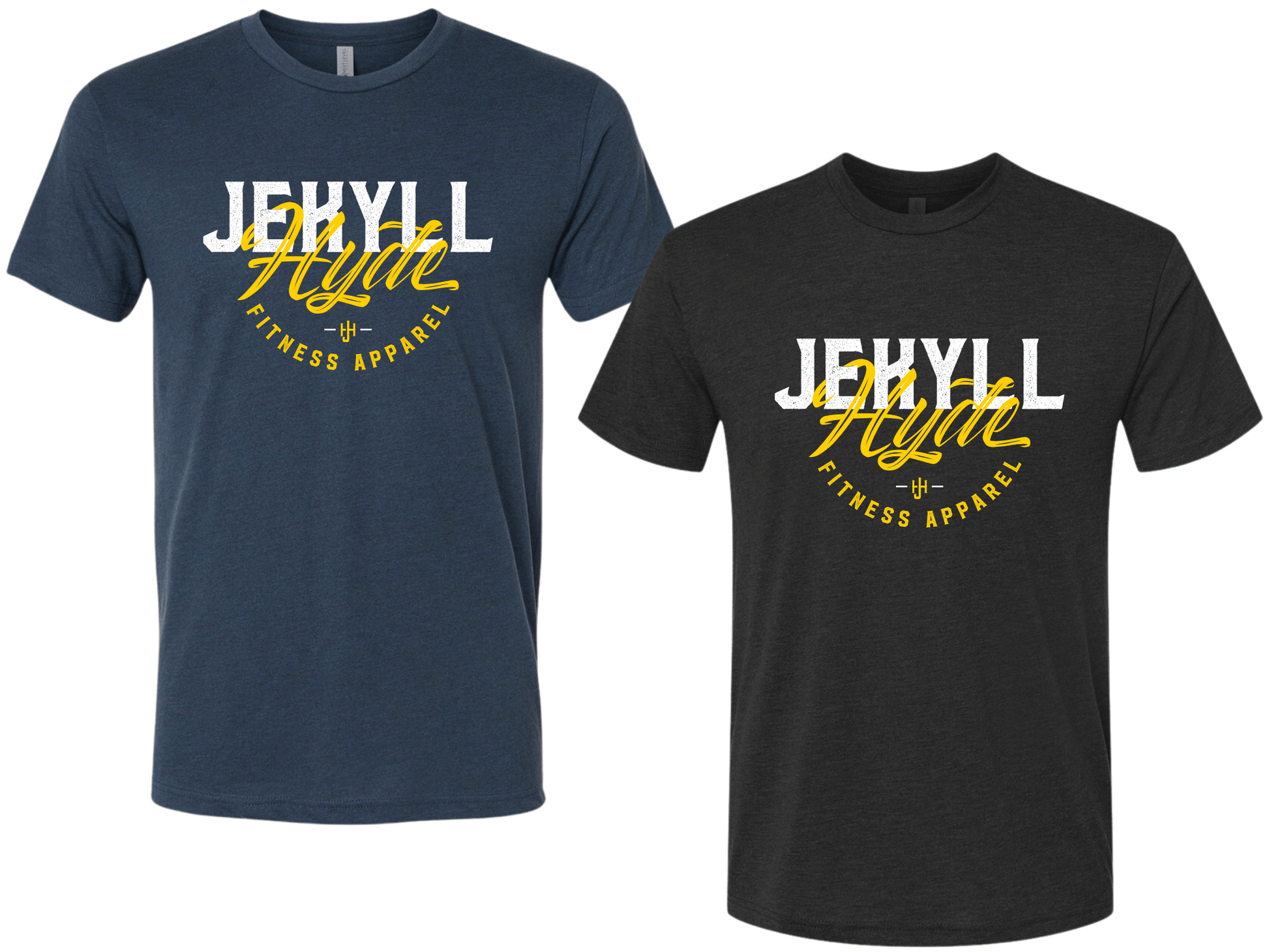 Two t-shirts, one navy and one black, with 'Jekyll & Hyde Fitness Apparel' text.