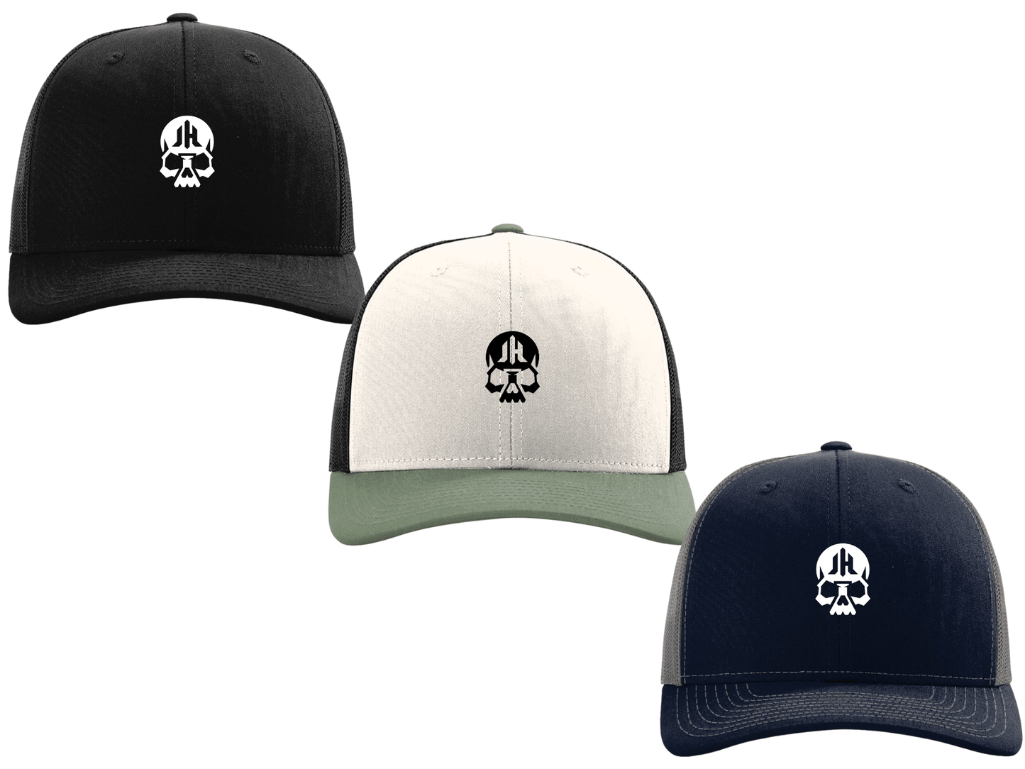 Three baseball caps with skull logo on a white background