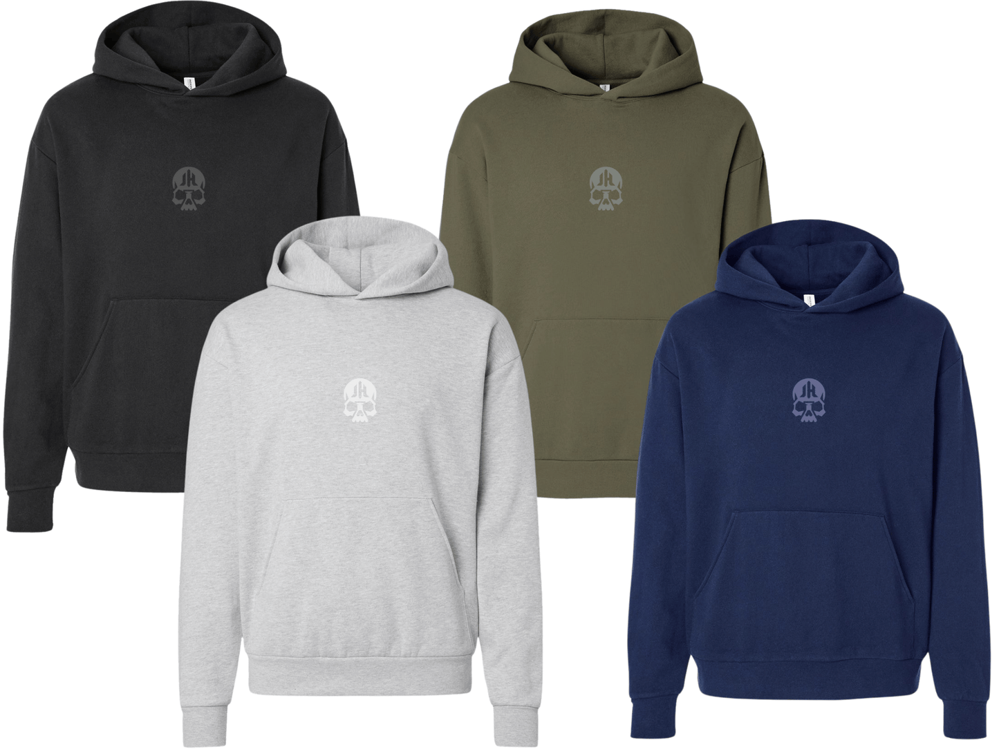 Four hoodies in black, gray, green, and blue with a logo on the chest.