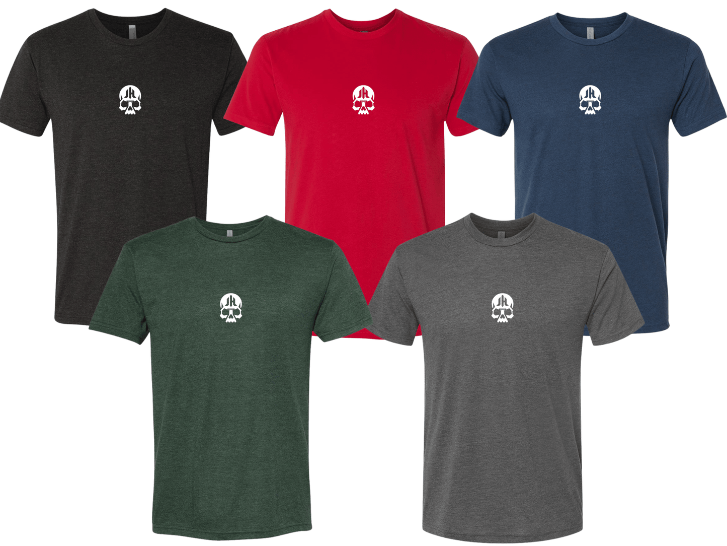 Five t-shirts in black, red, green, gray, and blue with a white logo on a white background.