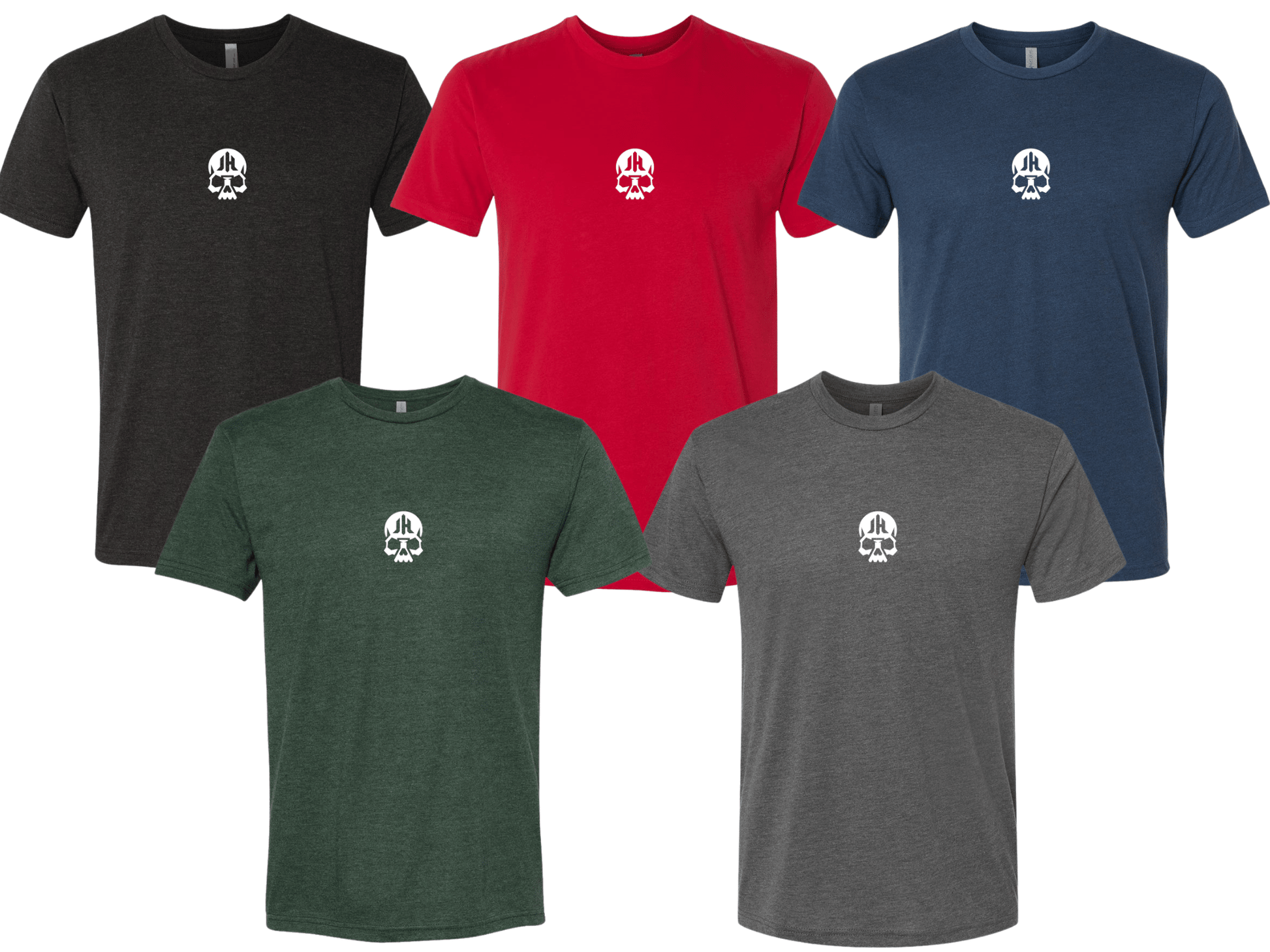 Five t-shirts in black, red, green, gray, and blue with a white logo on a white background.