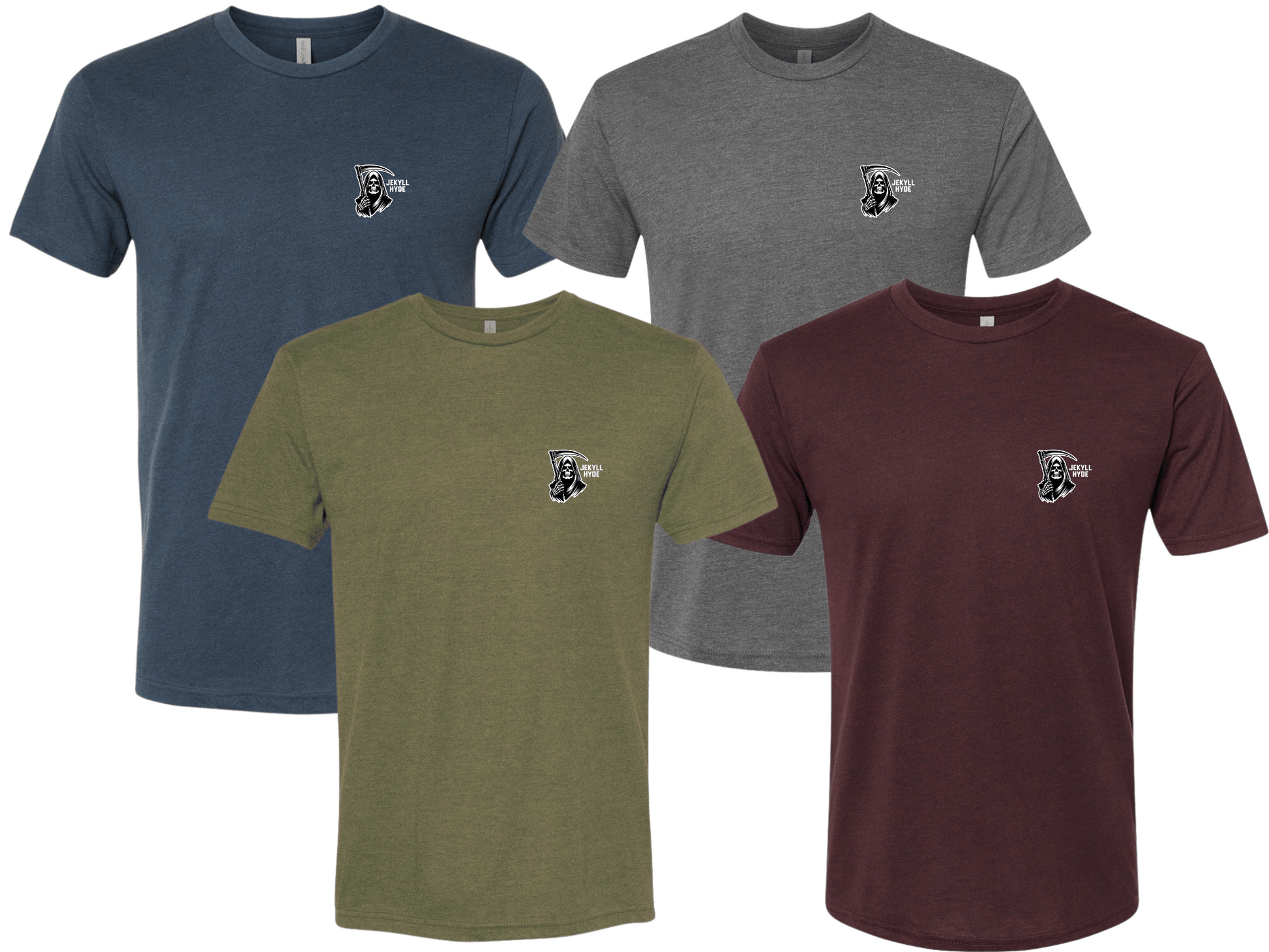 Four t-shirts in blue, gray, green, and maroon with a logo on a white background