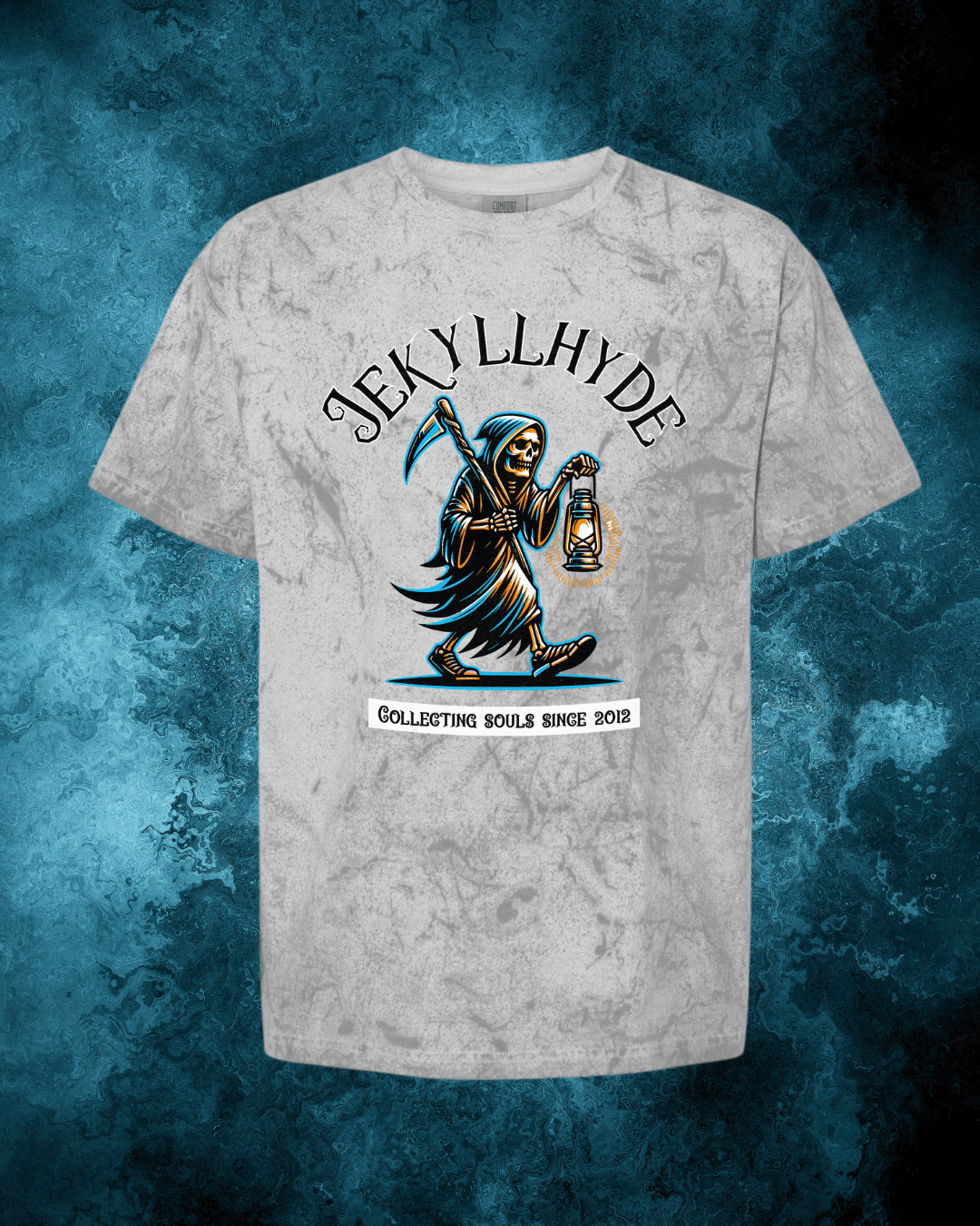 Gray t-shirt with a graphic design of a skeleton holding an axe and lantern, labeled 'JekyllHyde'.