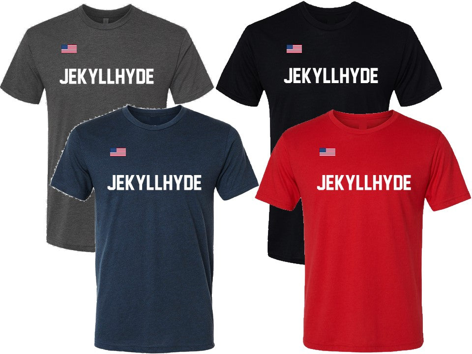 Four t-shirts in gray, black, navy, and red with 'JEKYLLHYDE' text on a white background.