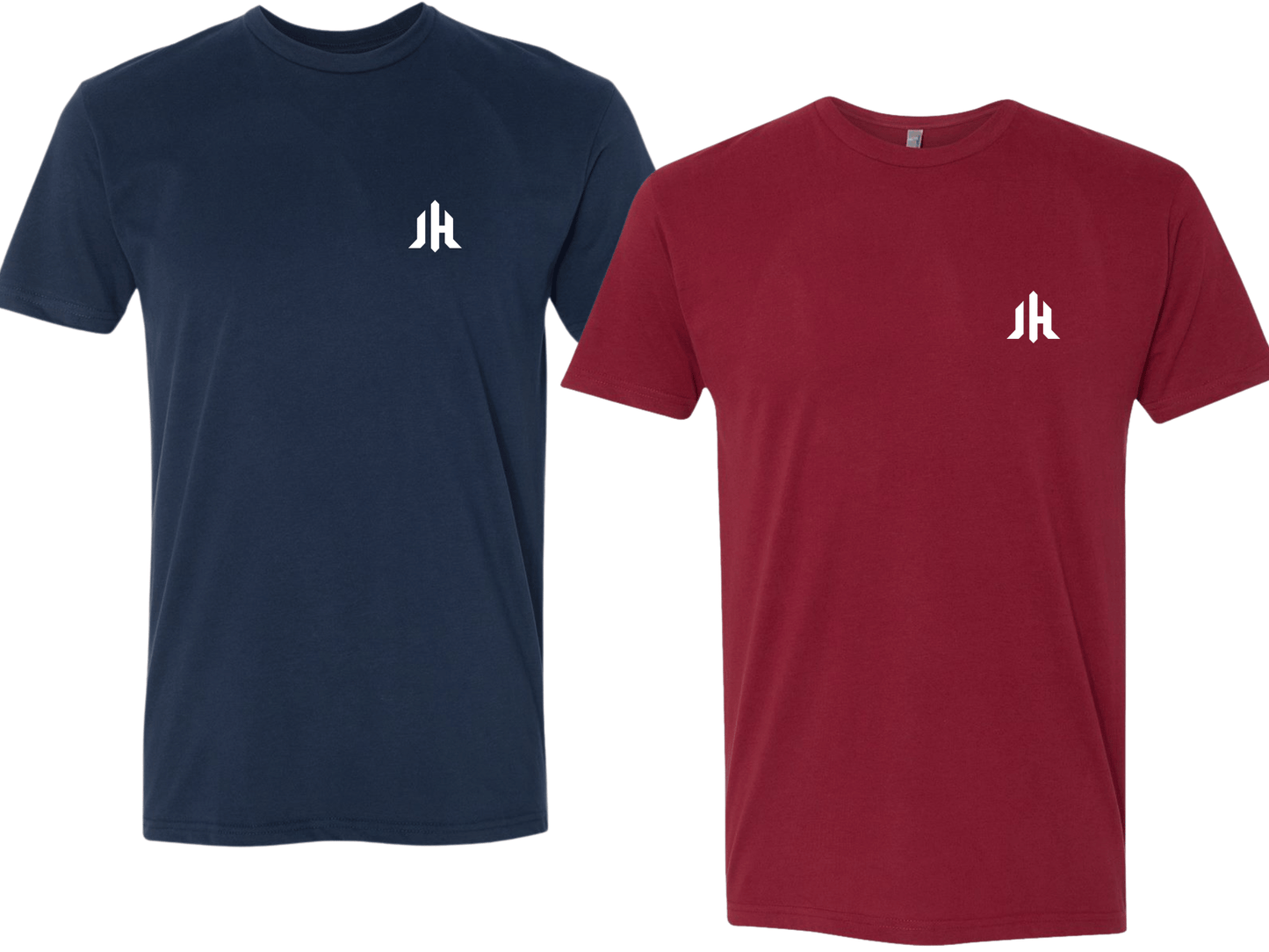 Two short-sleeve crewneck t-shirts shown side by side on a white background: one navy blue and one burgundy red, each with a small white 'JH' logo on the left chest.