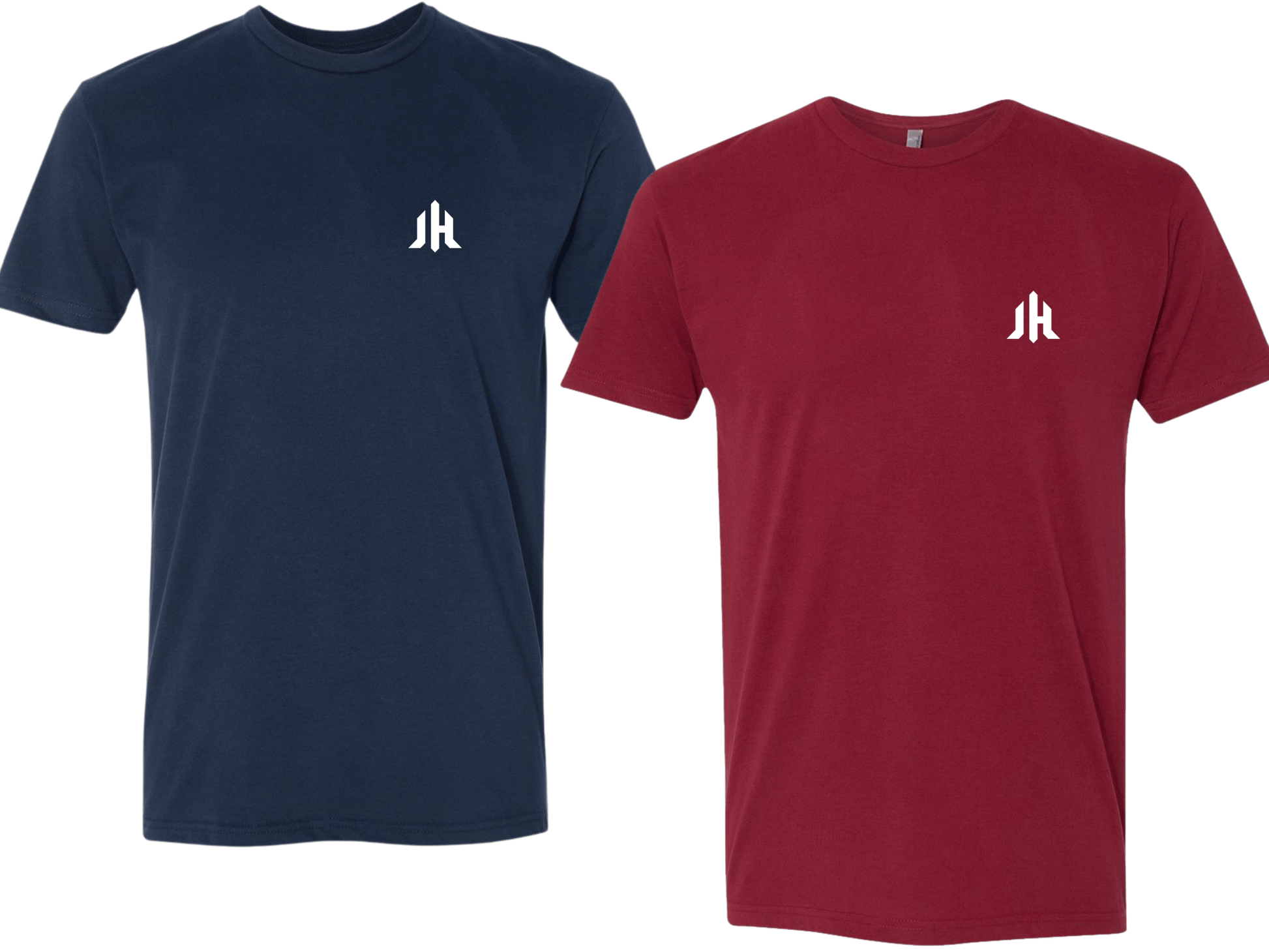 Two short-sleeve crewneck t-shirts shown side by side on a white background: one navy blue and one burgundy red, each with a small white 'JH' logo on the left chest.