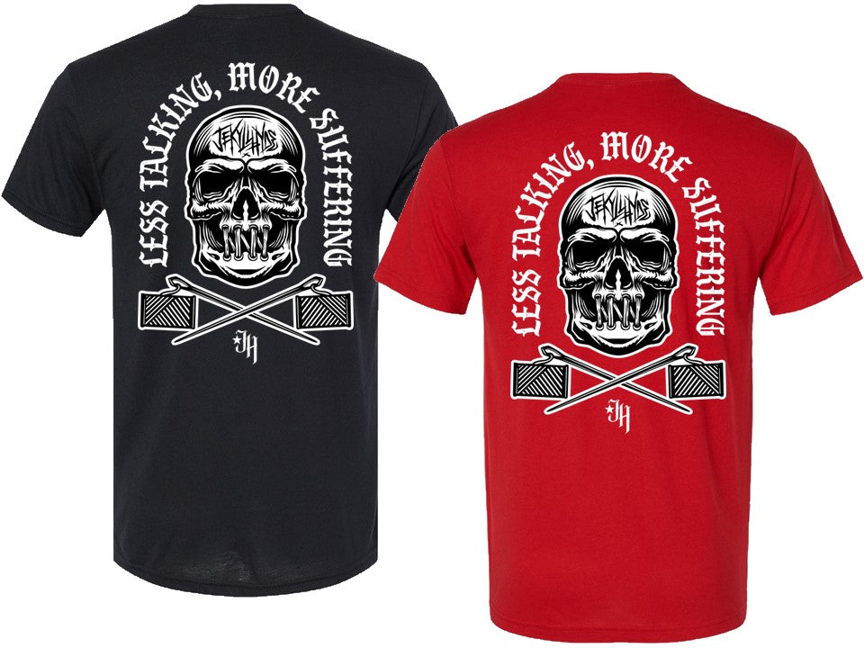 Black and red t-shirts with a skull design and text on the back.
