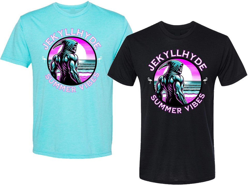 Two t-shirts, one light blue and one black, with a 'Jek Yllhyde Summer Vibes' graphic design.
