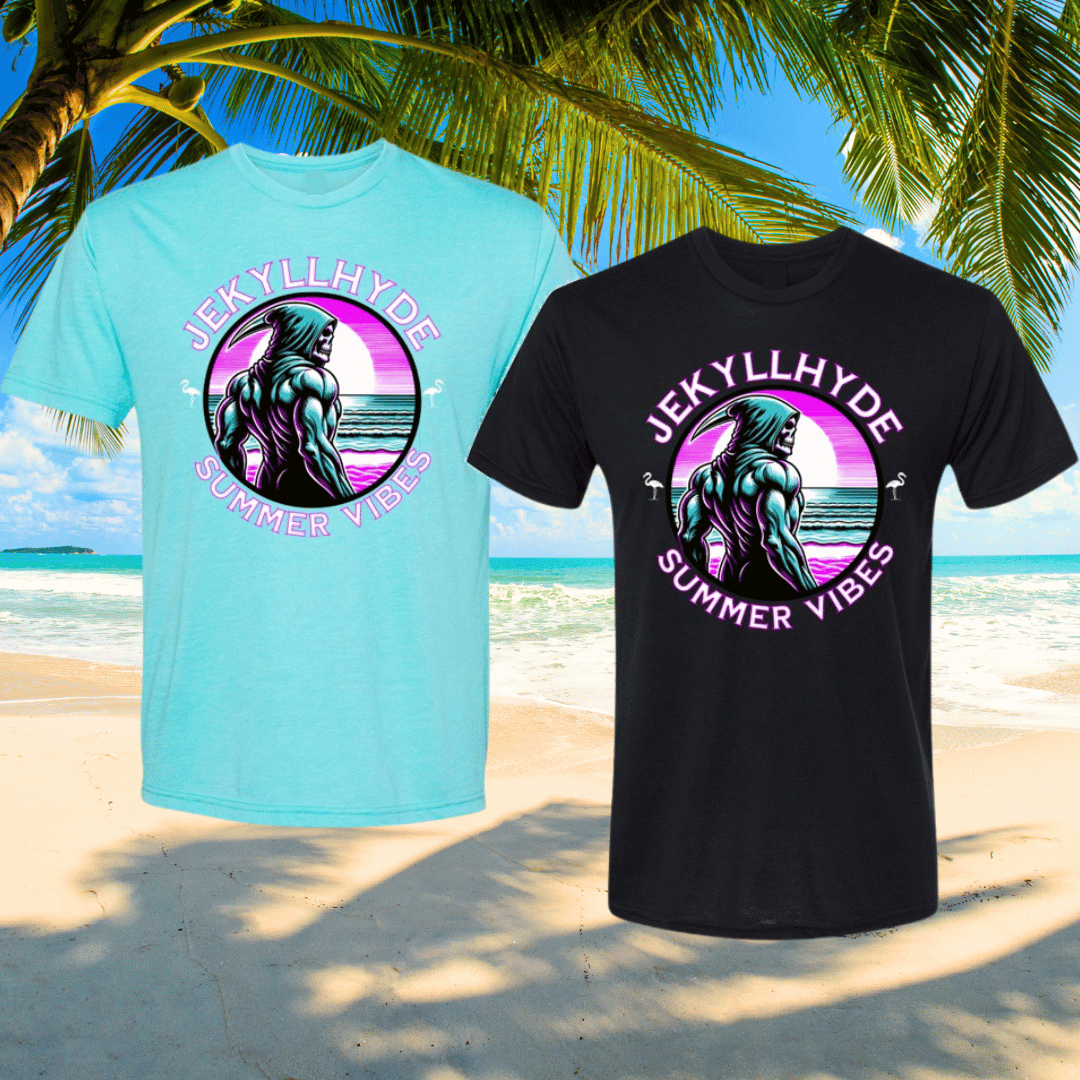 Two tshirts with a grim reaper at a beach on beach background. 