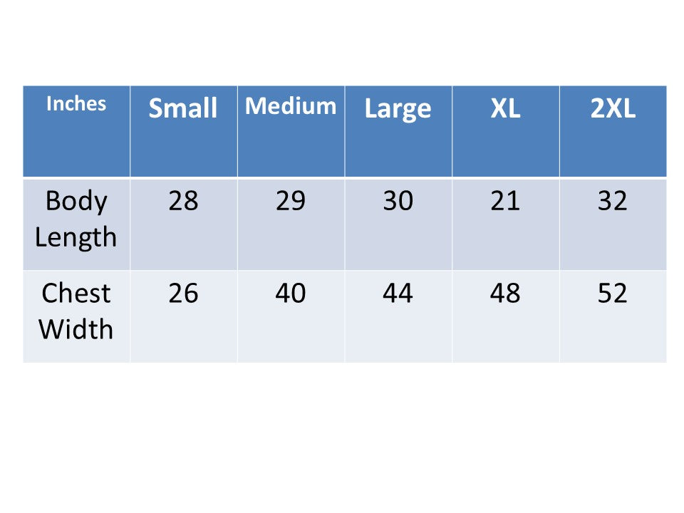 Size chart. Contact us for more information. 