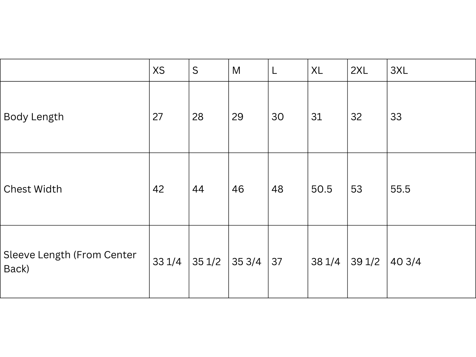 Size chart. Contact us for more information. 