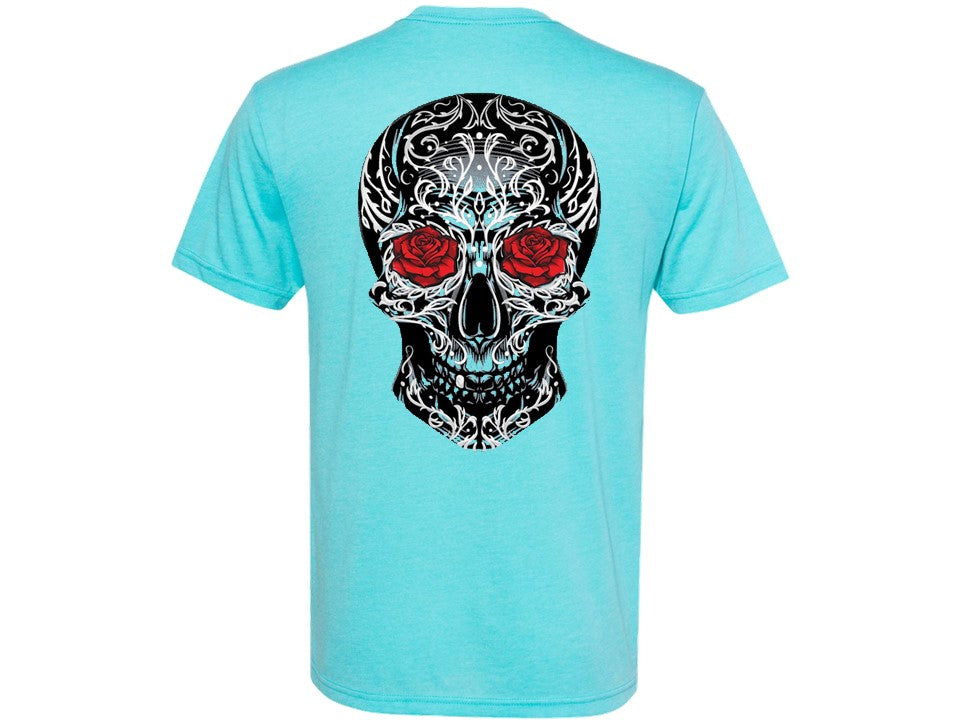 Light blue t-shirt with a skull design featuring red eyes on the back, on a white background.