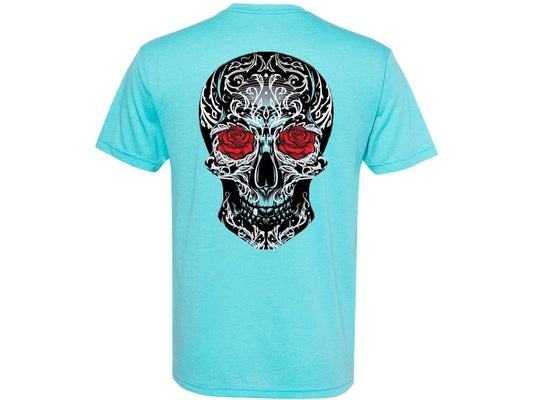 Light blue t-shirt with a skull design featuring red eyes on the back, on a white background.