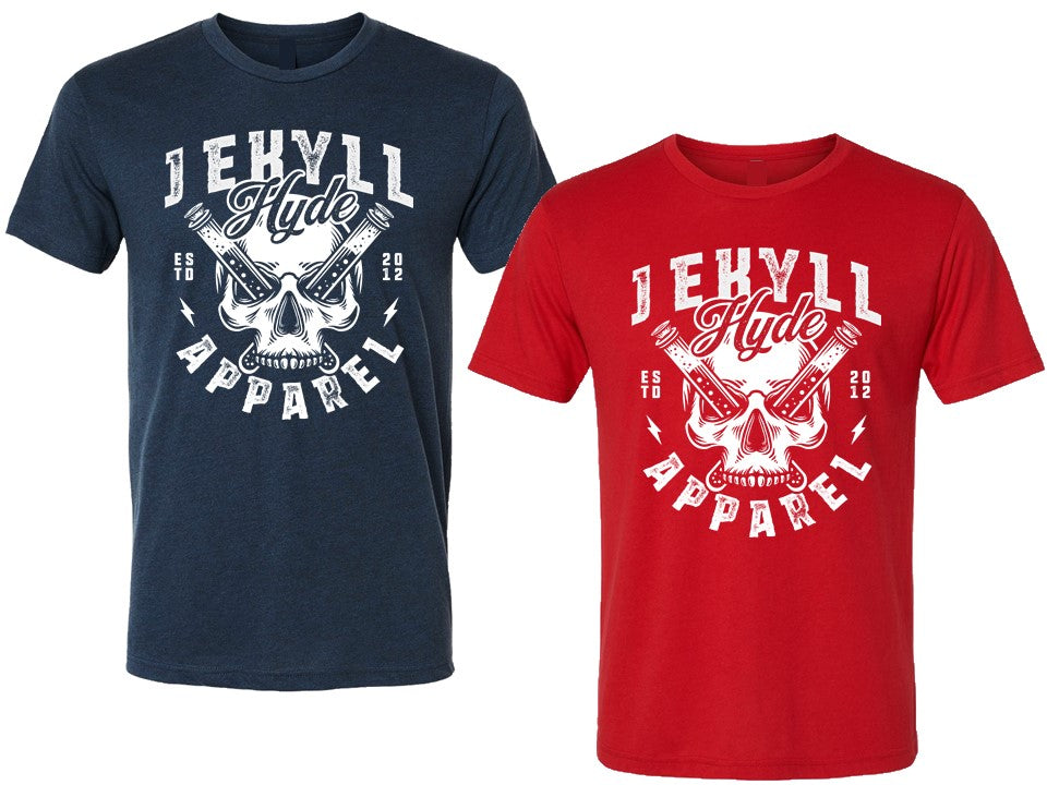 Two t-shirts, one navy and one red, with a skull and crossbones design and 'Jekyll & Hyde Apparel' text.
