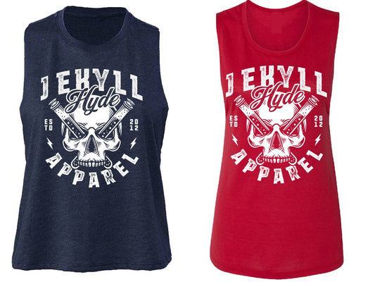 Two tank tops, one navy and one red, with 'Jekyll Hyde Apparel' design.