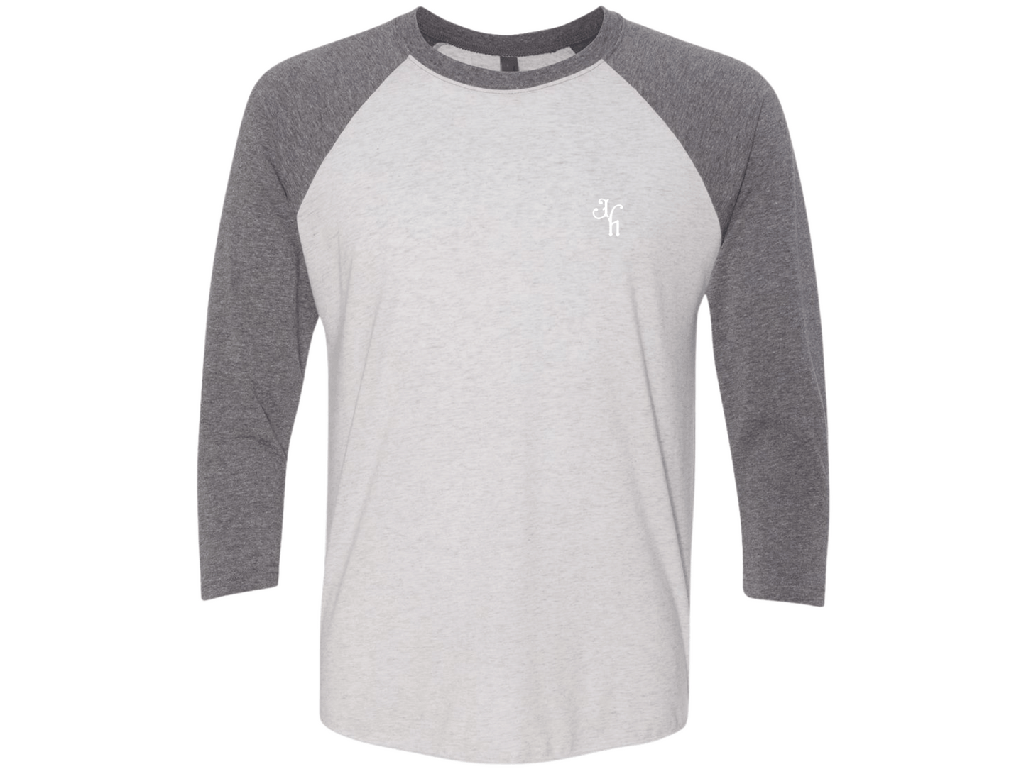 Gray and white baseball shirt with a logo on a white background