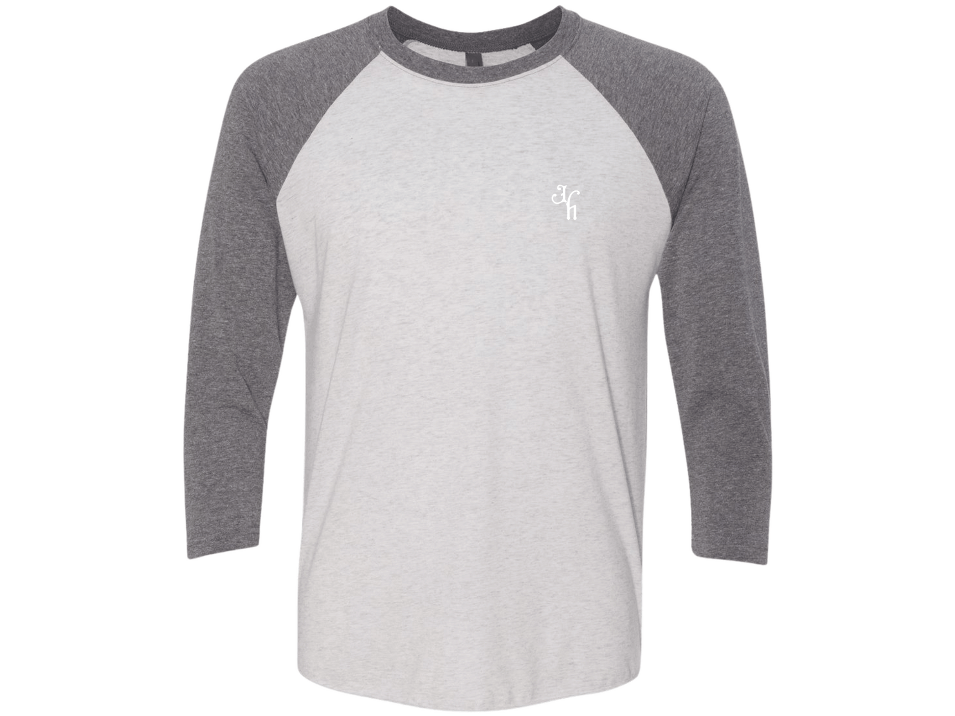 Gray and white baseball shirt with a logo on a white background