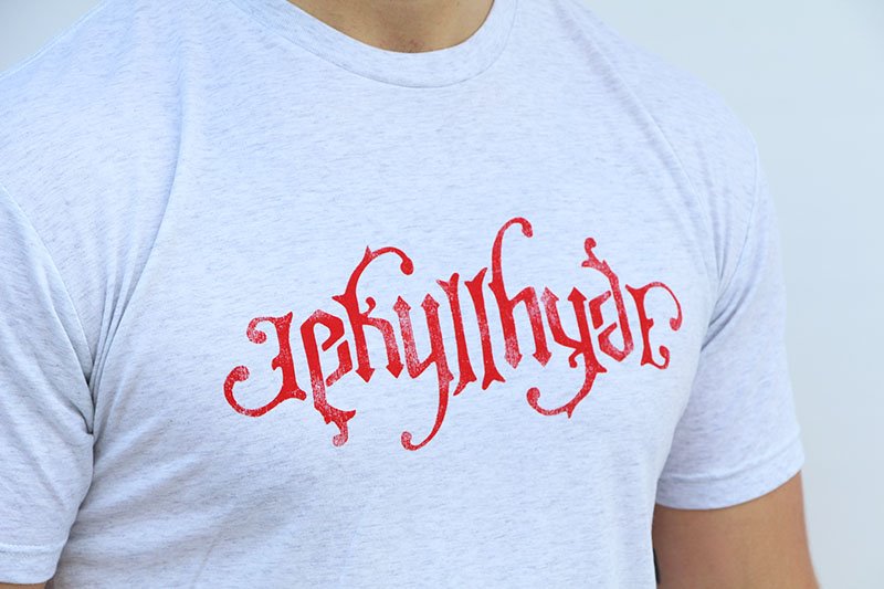 Front of a white shirt with the Jekyllhyde logo on it. 