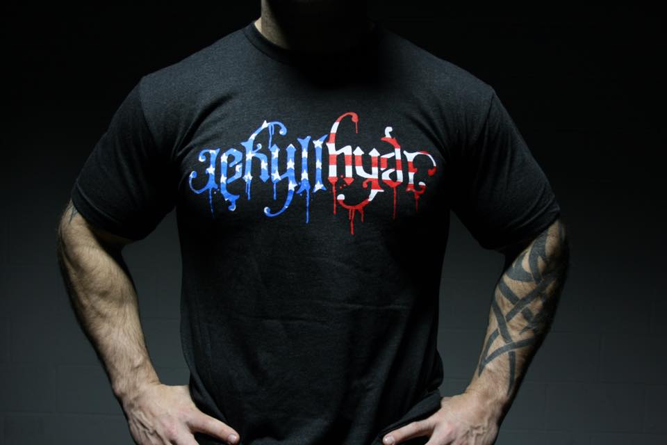 The Jekyllhyde logo dripping in red, white and blue on a black tshirt. 