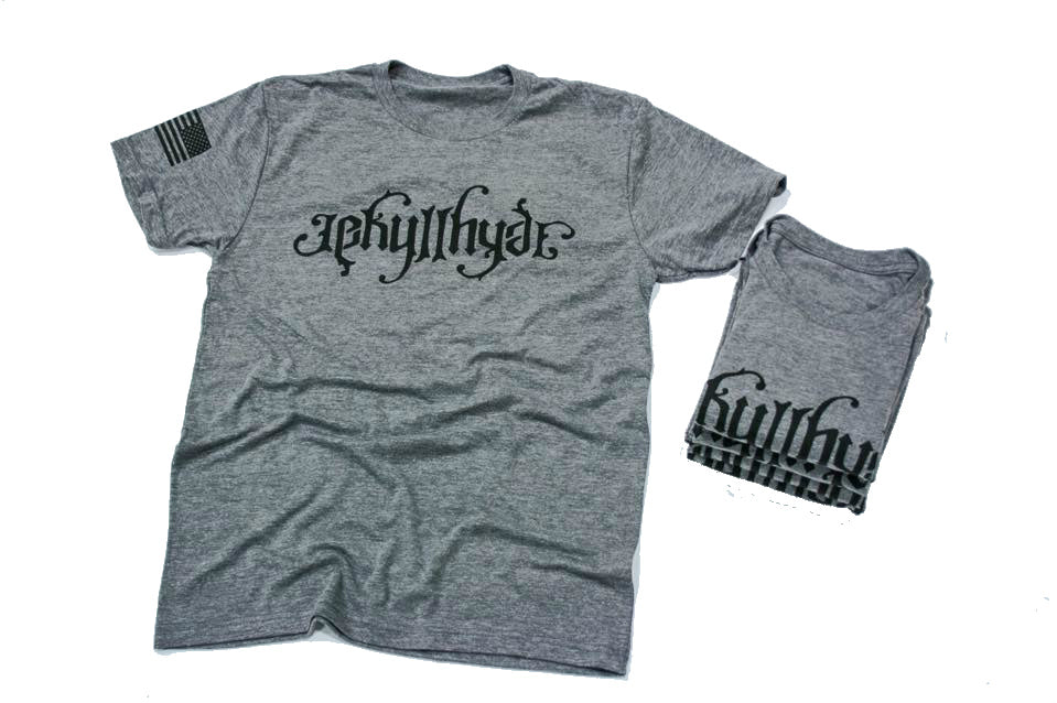 Grey tshirt with Jekyllhyde logo on chest with a white background. 