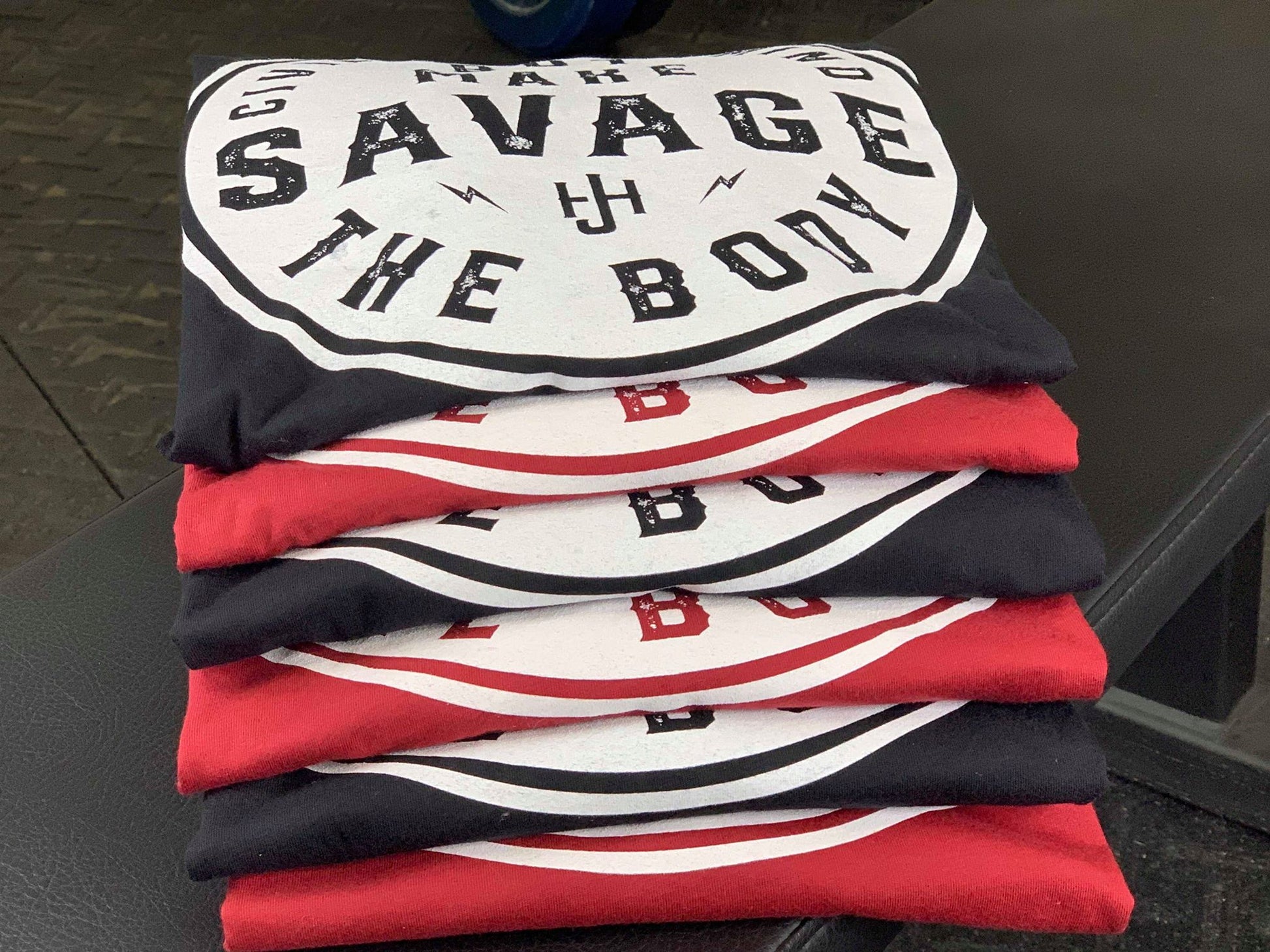 Stacked folded shirts. 