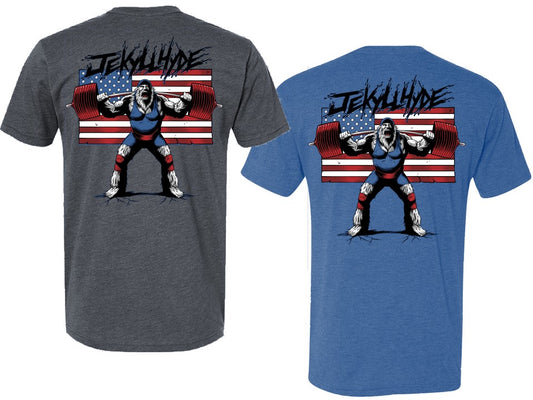 Gray and blue t-shirts with a graphic design of a character lifting weights and an American flag on the back.