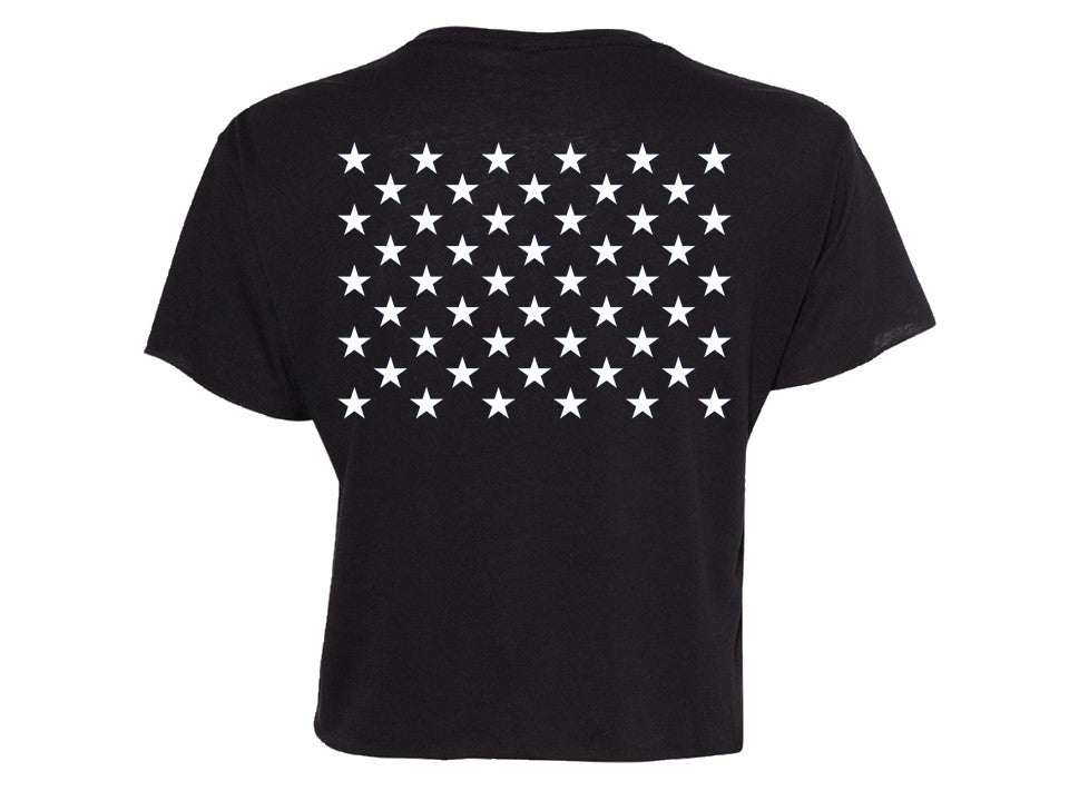 Black crop top with white stars on the back. 