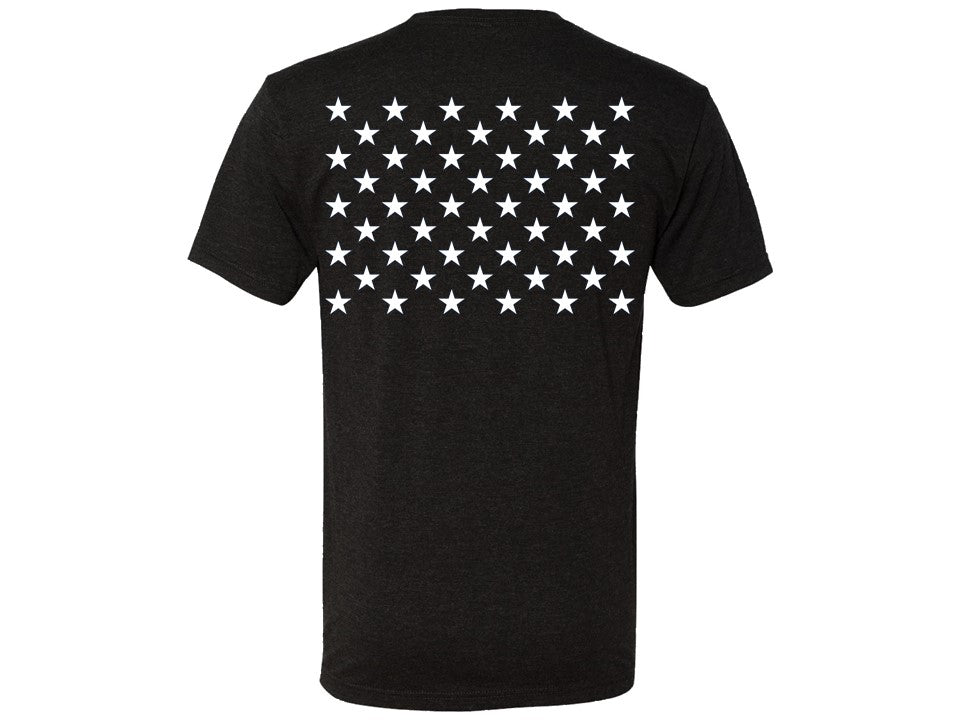 Black t-shirt with white star pattern on the back against a white background