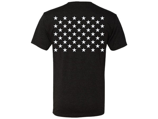 Black t-shirt with white star pattern on the back against a white background