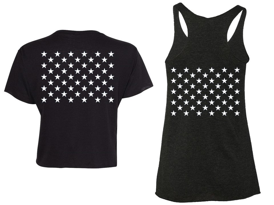 Black t-shirt and tank top with white star patterns on a white background