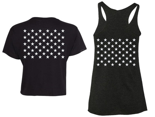 Black t-shirt and tank top with white star patterns on a white background
