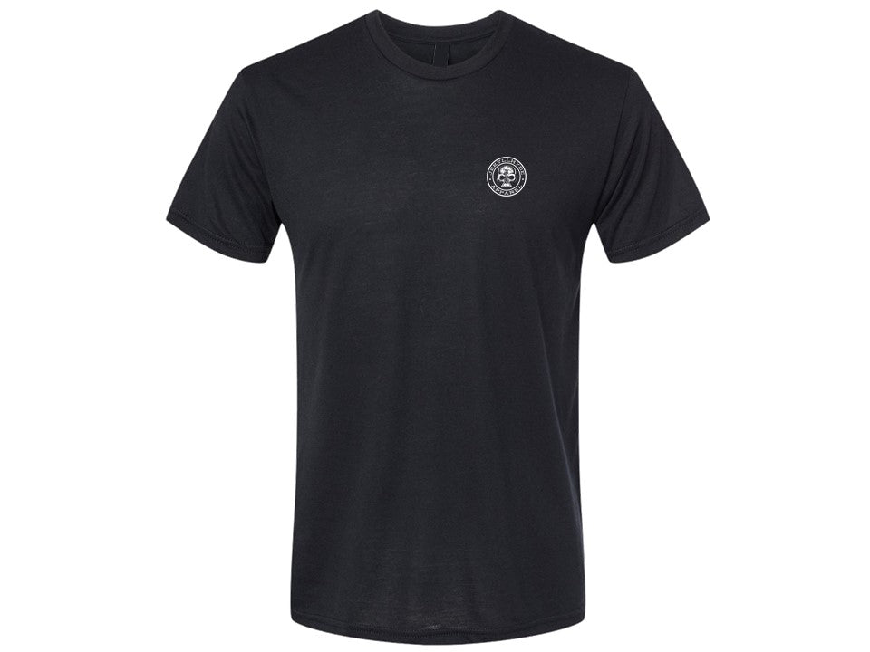 Front of a dark grey t-shirt with skull and beaker logo on the left chest. 