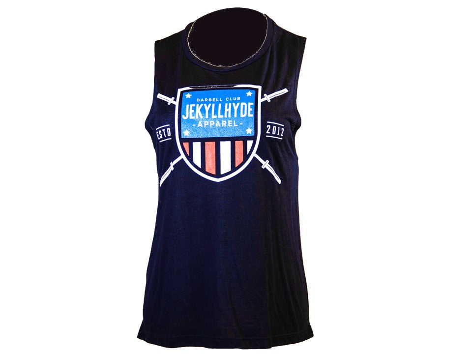 Black sleeveless shirt with JekyllHyde Apparel logo on a white background