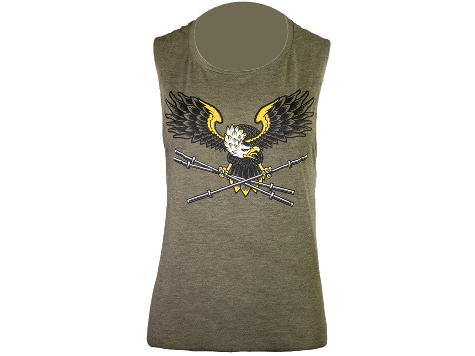 Green tank top with an eagle and crossed rifles design on a white background