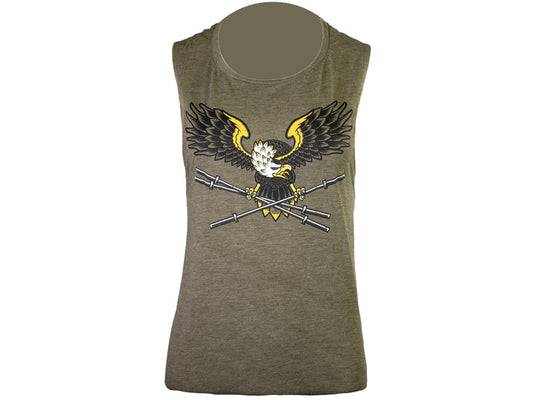 Green tank top with an eagle and crossed rifles design on a white background