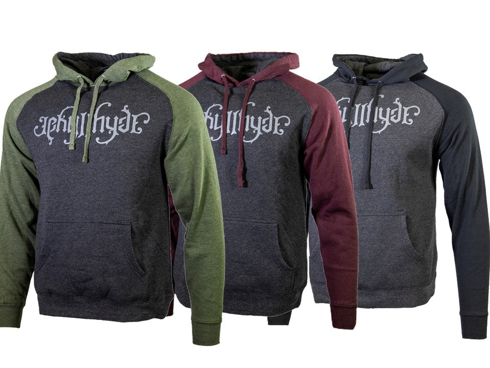 Three hoodies with different color combinations on a white background