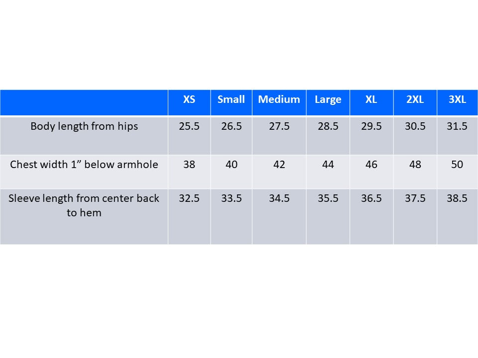 Size chart. Contact us for more information. 