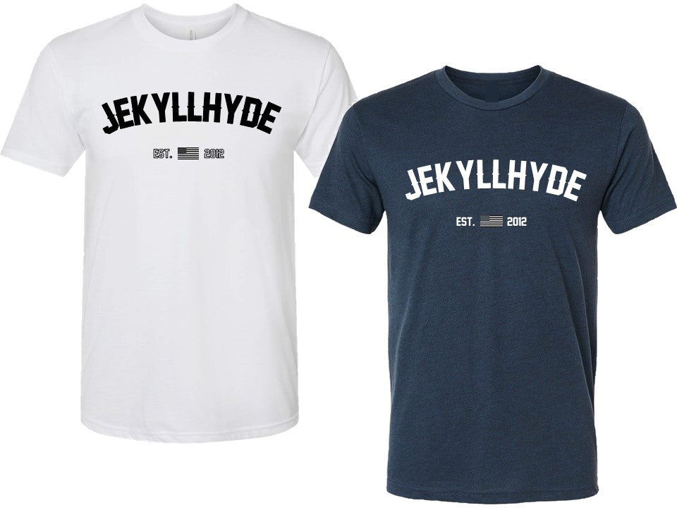 Two t-shirts, one white and one navy, with 'JEKYLLHYDE' branding on a white background.