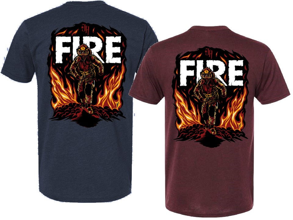 Two t-shirts, one navy and one maroon, featuring a firefighter graphic and the word 'FIRE'.