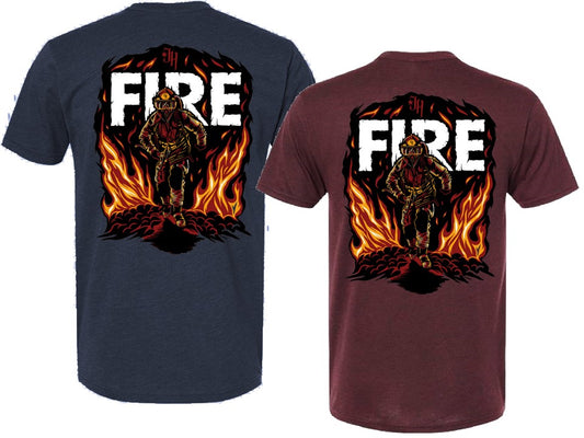 Two t-shirts, one navy and one maroon, featuring a firefighter graphic and the word 'FIRE'.