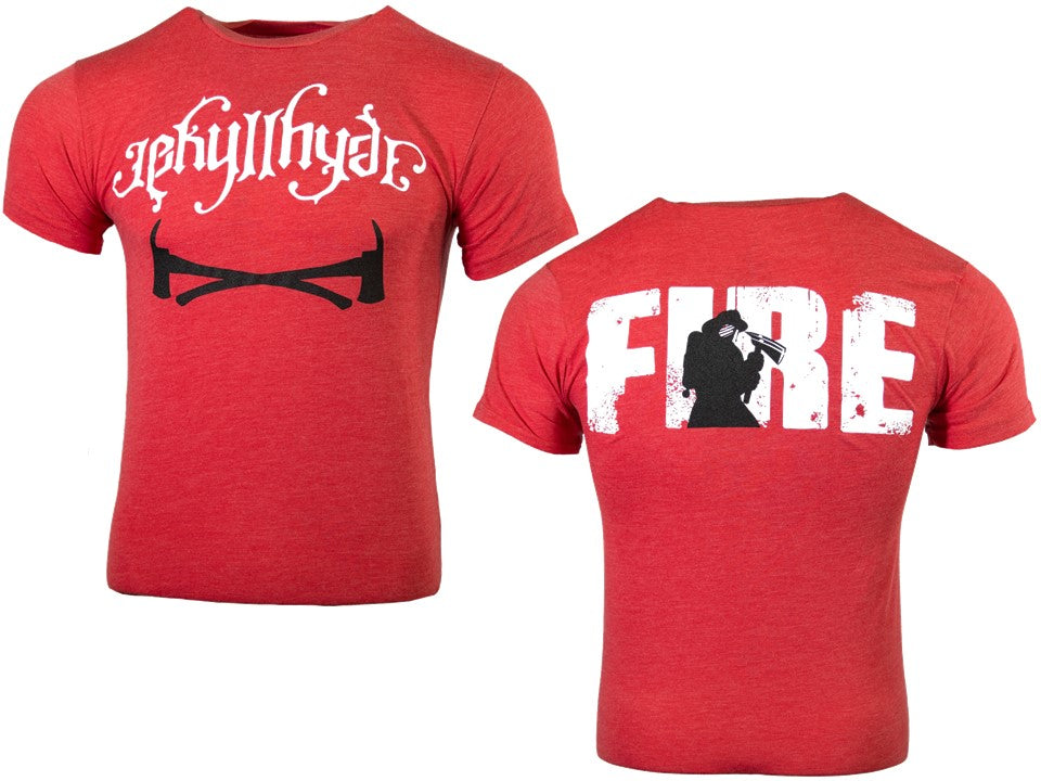 Red t-shirt with white and black graphics on a white background