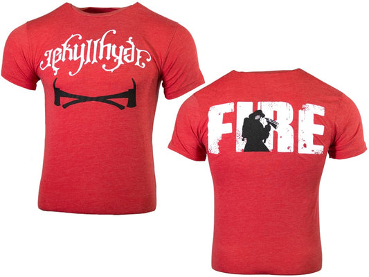 Red t-shirt with white and black graphics on a white background