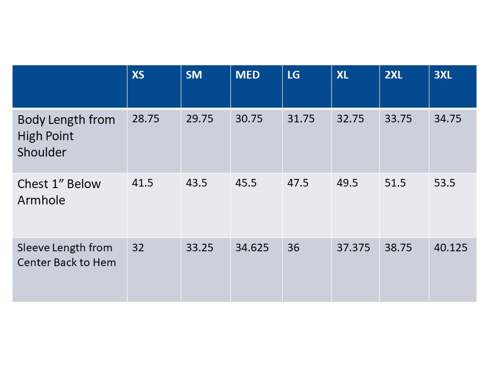 Size chart. Contact us for more information. 