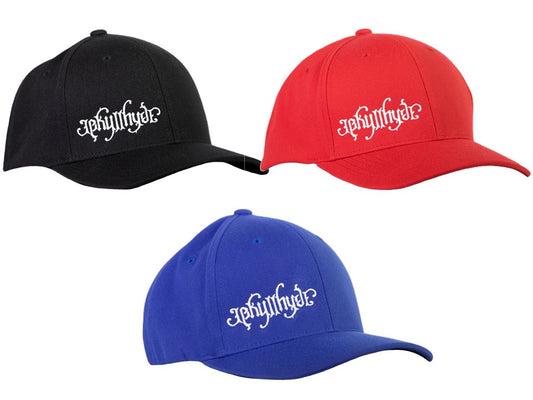 Three baseball caps in black, red, and blue with a white logo on a white background