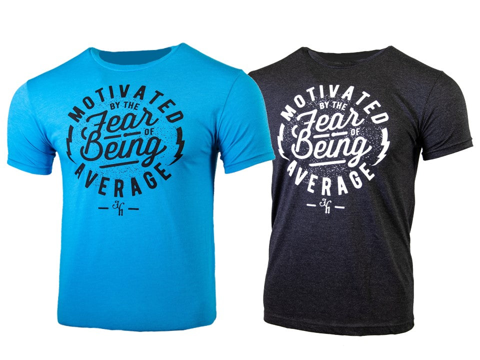 Two t-shirts, one blue and one black, with motivational text design.