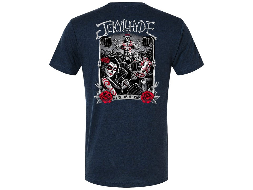 A navy blue t-shirt with a graphic print on the back featuring barbell weights and skulls, indicating a gym theme.
