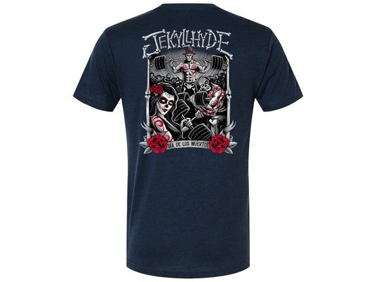 A navy blue t-shirt with a graphic print on the back featuring barbell weights and skulls, indicating a gym theme.