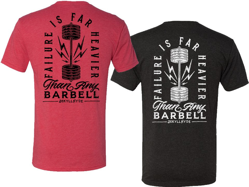 Red and black t-shirts with motivational quote and barbell graphic on a white background