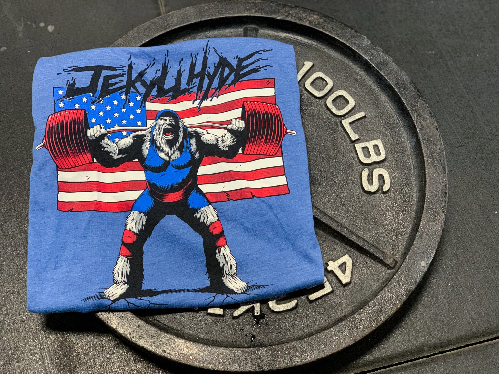 Blue t-shirt folded on top of a 100 lb plate. 