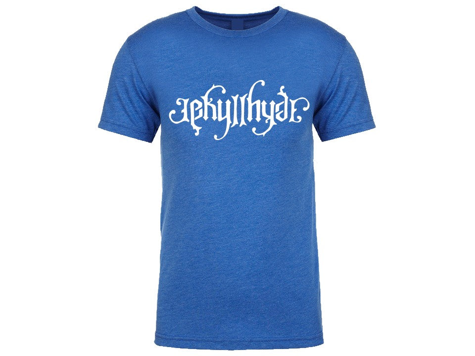 Blue tshirt with Jekyllhyde logo on the front on a white background